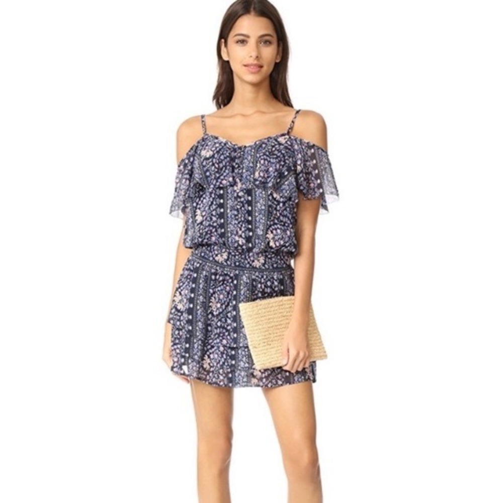 PAIGE Blue Floral Cold Shoulder Silk Ruffle Romper XS